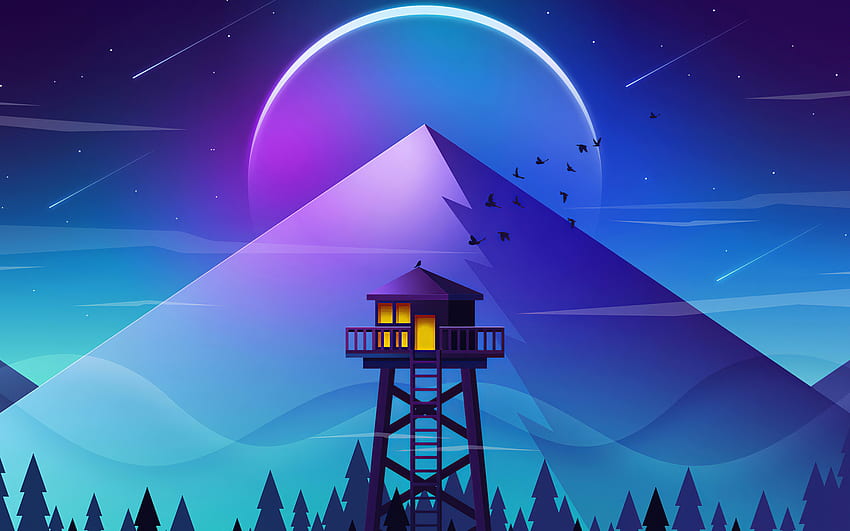 Premium Vector | Minimalist desktop wallpaper landscape vector illustration  moon light night mountain background