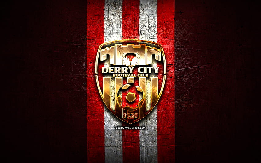 Derry City FC, golden logo, League of Ireland Premier Division, red metal background, football, irish football club, Derry City FC logo, soccer, FC Derry City HD wallpaper
