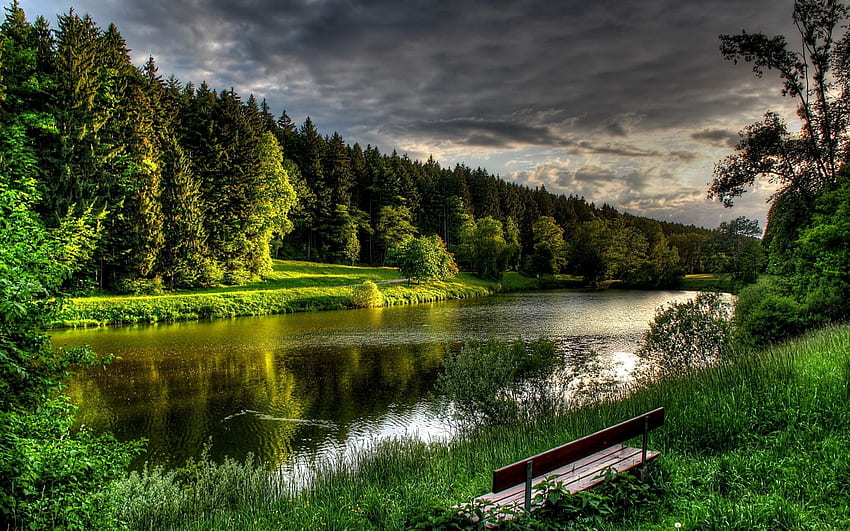 ธรรมชาติ แม่น้ำ หญ้า ฤดูร้อน ชายฝั่ง ฝั่ง ม้านั่ง หล่อ สวย สงบ เงียบสงบ วอลล์เปเปอร์ HD