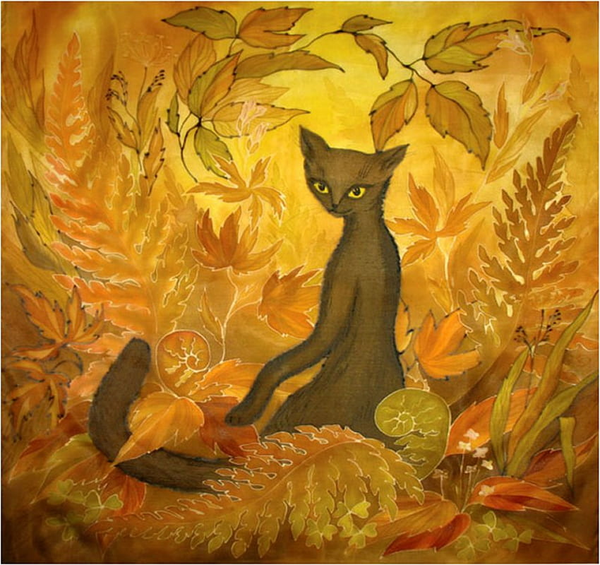By Elena Ivanova, kitten, art, elena ivanova, fall, autumn, cat HD wallpaper