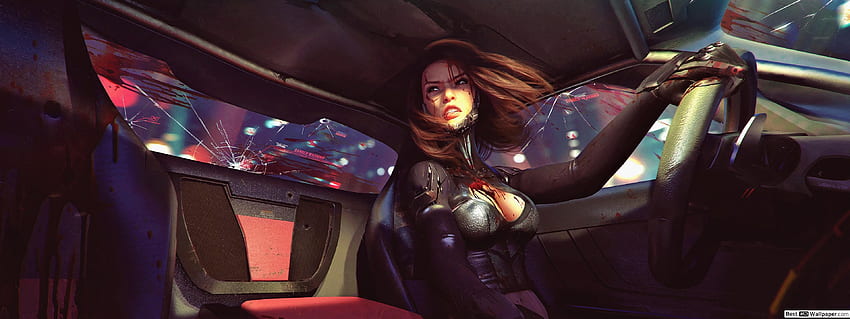 Изтеглете фона на панталона Cyberpunk 2077 (поражение Cyborg Girl), Cyberpunk Dual Monitor HD тапет