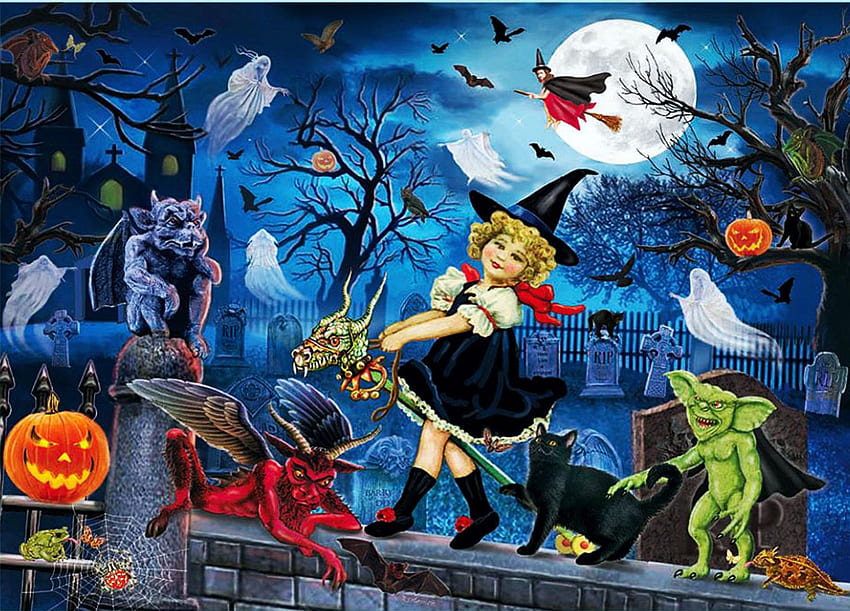 Halloween Night, dragon, moon, bats, witch, digital HD wallpaper