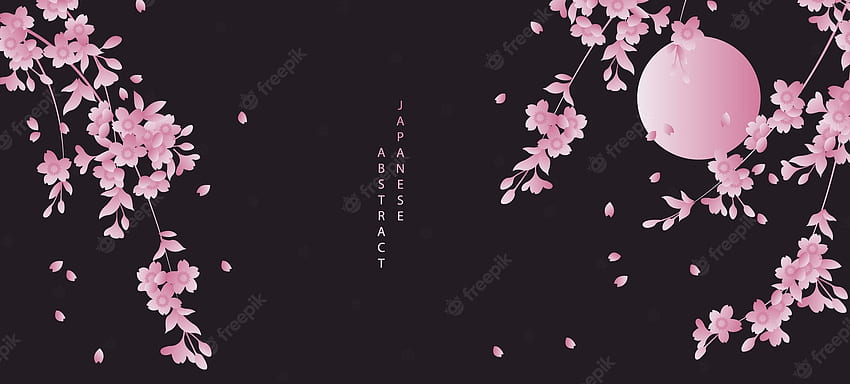 Premium Vector. Ориенталски японски стил абстрактен модел фон дизайн черно нощно небе пълна луна и черешов цвят цвете сакура, тъмен черешов цвят HD тапет