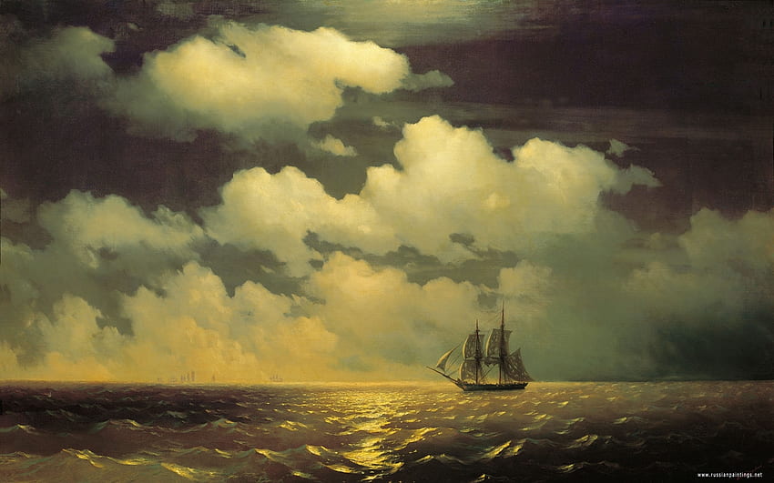 Chmury morskie, dzieło sztuki, żaglowiec, niebo, woda, zachód słońca, ocean Tapeta HD