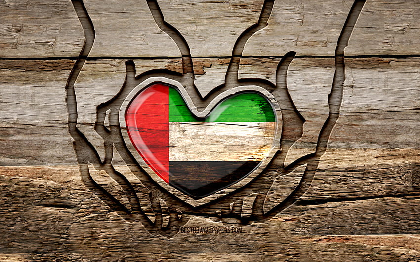 Eu amo Emirados Árabes Unidos, mãos esculpidas em madeira, Dia dos Emirados Árabes Unidos, Bandeira dos Emirados Árabes Unidos, Bandeira dos Emirados Árabes Unidos, Cuide-se dos Emirados Árabes Unidos, criativo, Bandeira dos Emirados Árabes Unidos, Países asiáticos, Emirados Árabes Unidos papel de parede HD
