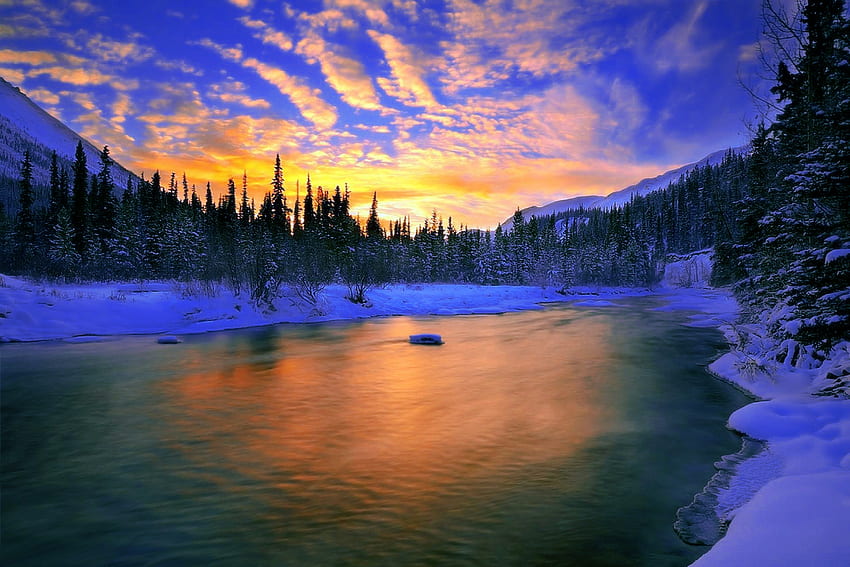 Feuer im Himmel, Landschaft, Sonnenuntergang, Landschaft, Natur, szenisch, schön, Winter, Schnee, Fluss HD-Hintergrundbild
