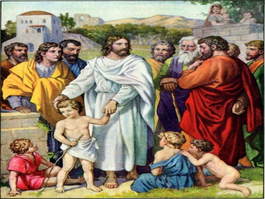 Jesus with children, god, children, art, jesus, christ, people, religion, christianity, painting HD wallpaper
