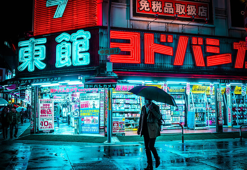 Tokyo Japon Rain Cyan Red Neon Glow Neon City Lights Wet Street Bright Umbrella Teemus - Résolution : Fond d'écran HD