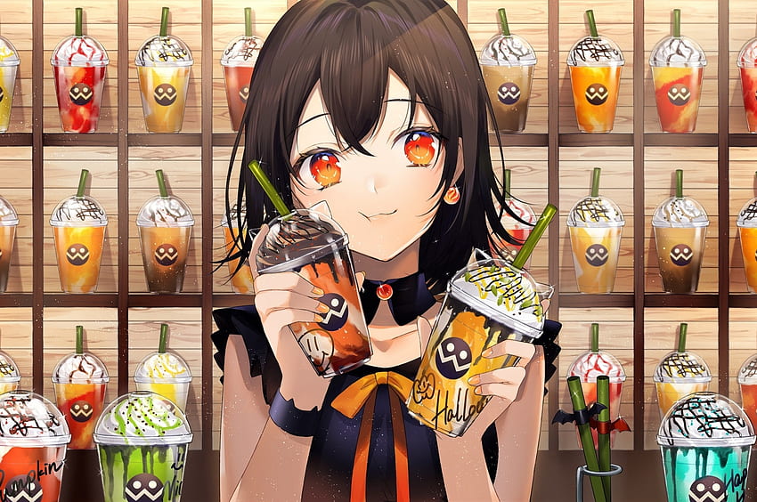 アニメの女の子、ウェイトレス、コーヒー ショップ、かわいい、オレンジ色の目、甘い飲み物 for Chromebook Pixel 高画質の壁紙