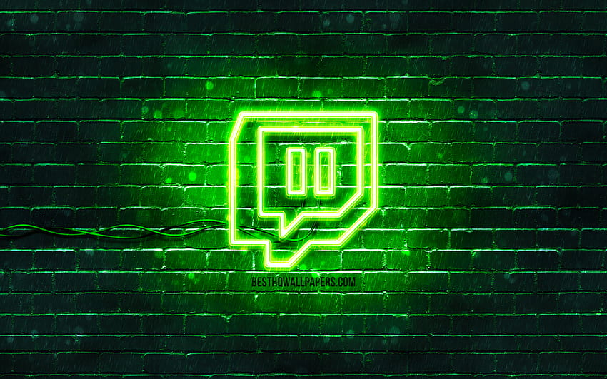 Logotipo verde de Twitch, pared de ladrillo verde, logotipo de Twitch, redes sociales, logotipo de neón de Twitch, Twitch para con resolución. Alta calidad, HP Omen Green fondo de pantalla