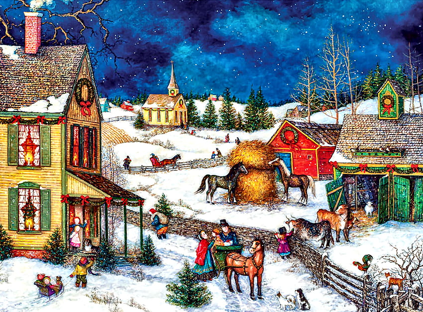 Home Again for Christmas F, inverno, dezembro, arte, Fazenda, bonita, ilustração, obra de arte, cenário, ocasião, tela larga, cavalos, feriado, pintura, Natal, neve, equino papel de parede HD