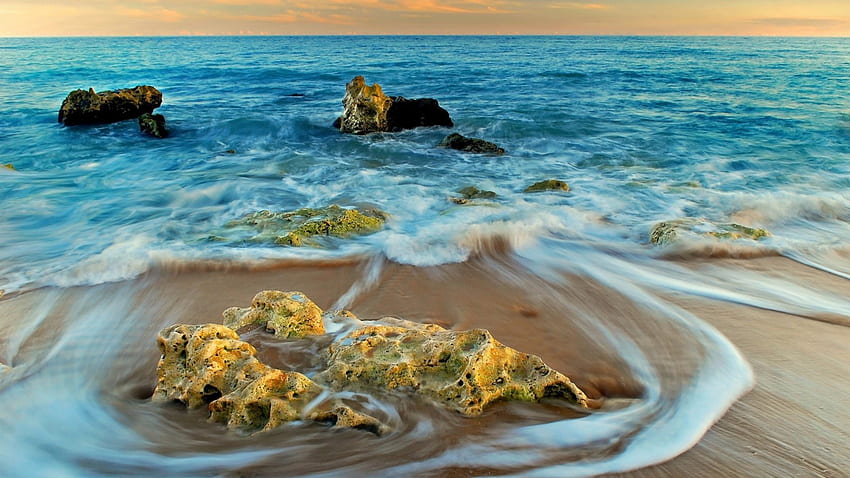 Rocks and Seascape, Rocks, Sand, Sea, Nature, Oceans, Beaches HD wallpaper