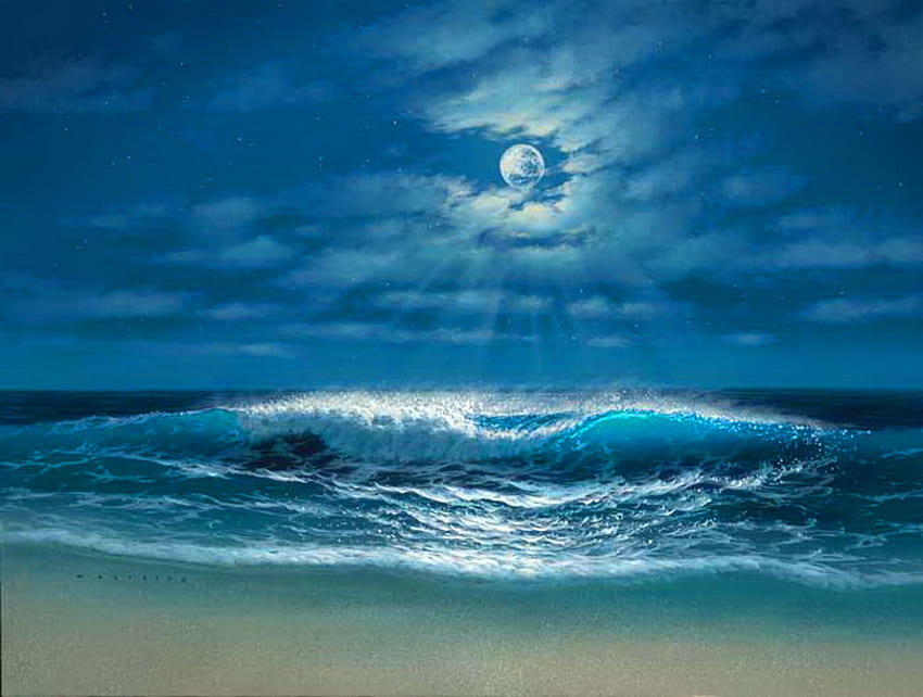 Piosenka oceanu, noc, błękitne niebo, fale, światło księżyca, plaża Tapeta HD