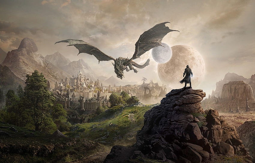 เมือง, ดวงจันทร์, จินตนาการ, เกม, ต้นไม้, ภูเขา, หิน, ดาวเคราะห์, มังกร, ศิลปะดิจิตอล, งานศิลปะ, Elder Scrolls, ตัวช่วยสร้าง, ศิลปะจินตนาการ, Elder Scrolls Online, สิ่งมีชีวิตสำหรับ , ส่วน игры, Dragons and Wizards วอลล์เปเปอร์ HD