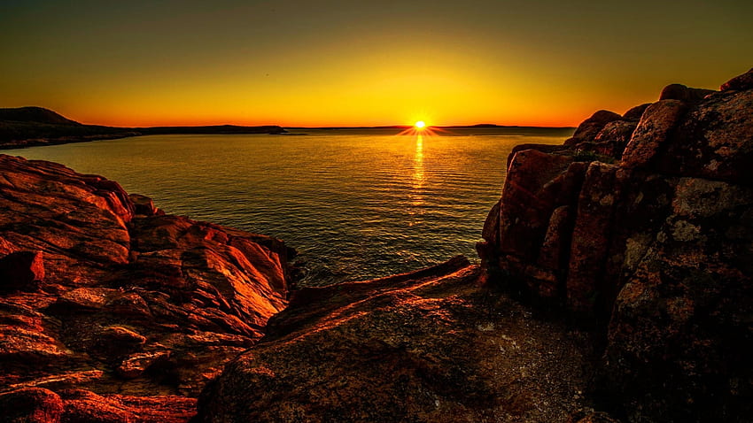 Sunset At Acadia National Park, sea, reflection, nature, rocks, sunset, park HD wallpaper
