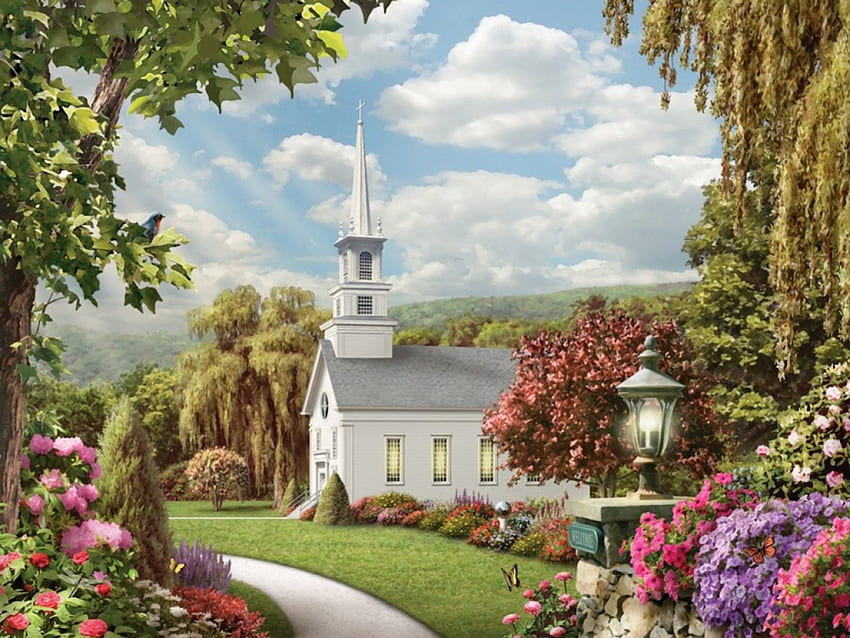 New England Church, butterflies, sky, flowers, church HD wallpaper