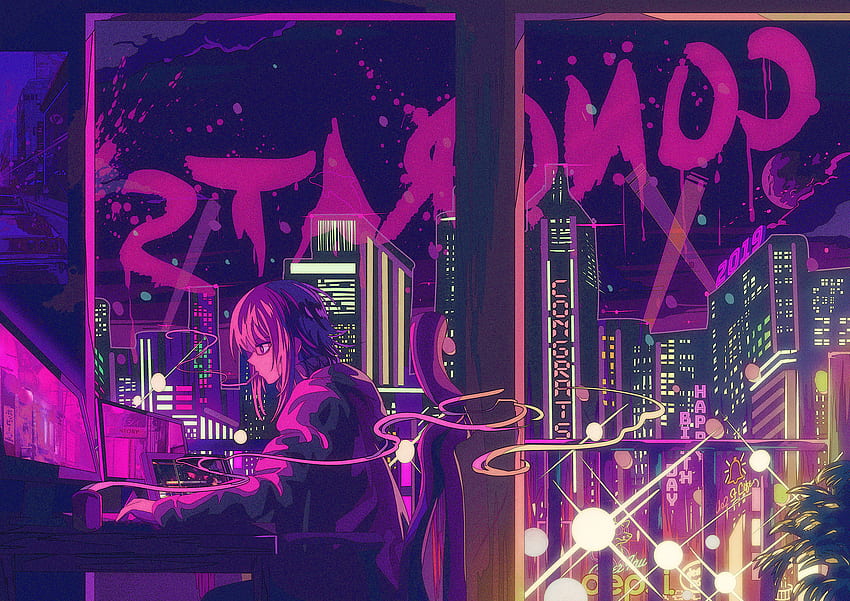 Zigarette, Hoodie, rosa Haare, Computer, kurze Haare, Brille, Stadt HD-Hintergrundbild