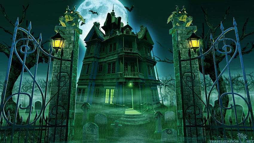 Страшен фон за Хелоуин - обитавана от духове къща с порти, къща на ужасите HD тапет
