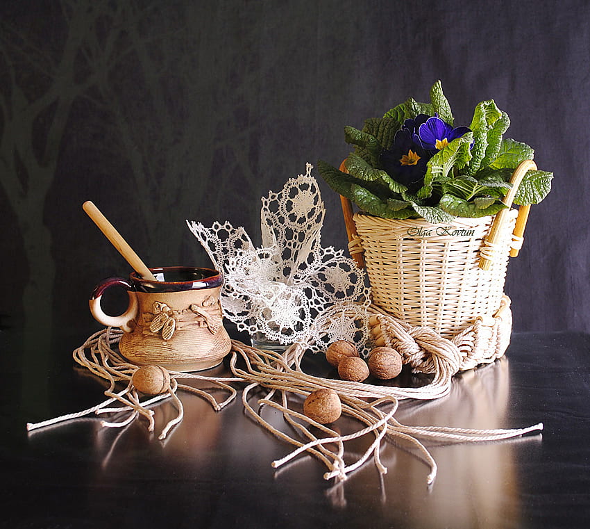 still life, basket, flowers, lace, fruits HD wallpaper