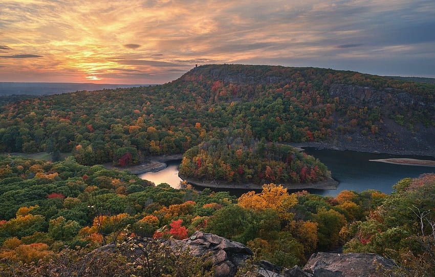 autumn, forest, sunset, lake, hills, island, Connecticut HD wallpaper