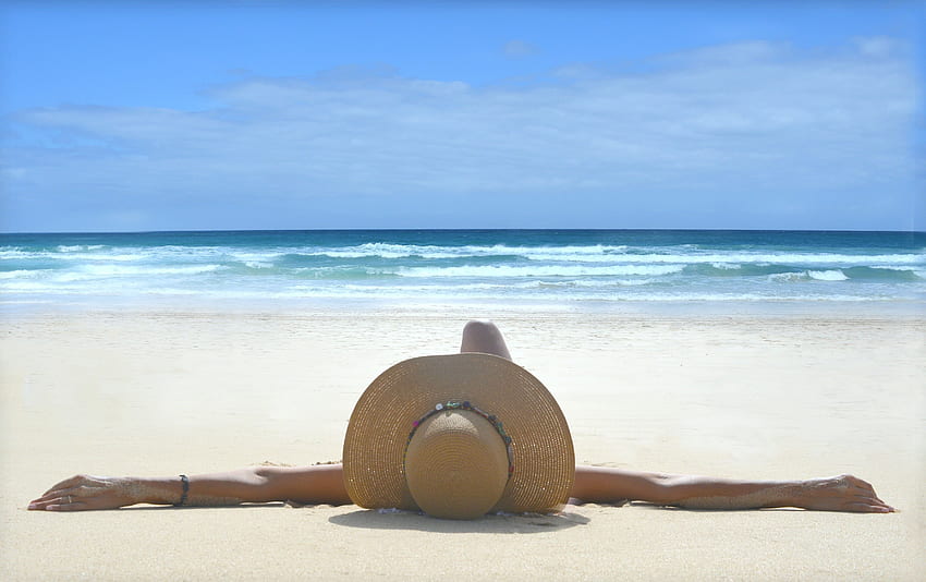 Female lying on white sand near seashore during daytime, fiano, Fuerteventura HD wallpaper
