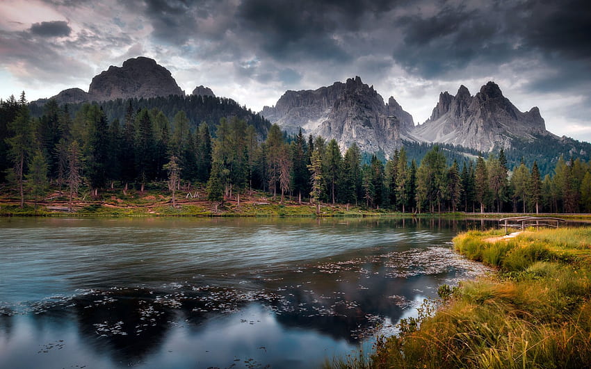 mountain landscape, morning, river, cloudy weather, clouds, Dolomites, Italy for with resolution . High Quality HD wallpaper