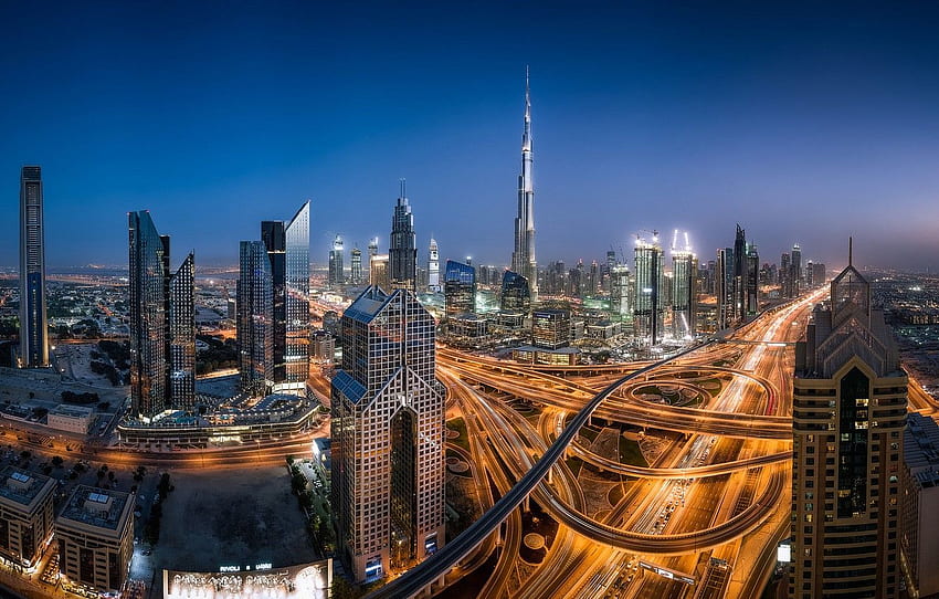 building, road, panorama, Dubai, night city, Dubai, Dubai Buildings HD wallpaper
