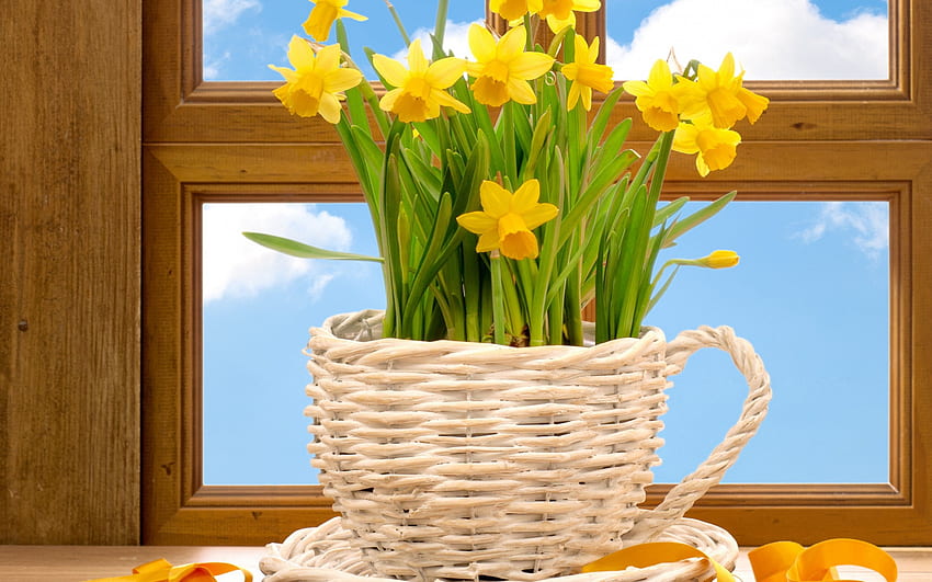 Still life, basket, flowers, yellow HD wallpaper