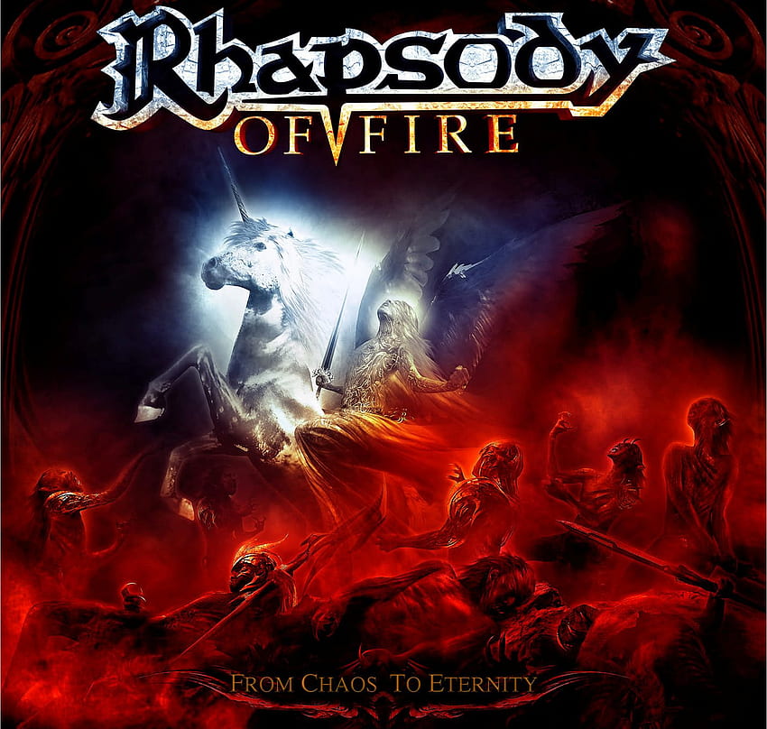 Rhapsody of Fire - From Chaos to Eternity, cavalo, espada, demônios, eternidade, caos, anjo, demônio, banda, pesado, logotipo, vermelho, mucis, metal, unicórnio, fogo, rapsódia papel de parede HD