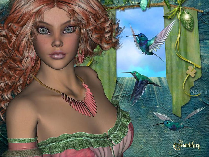 Hummingbirds, girl, abstract, fantasy HD wallpaper