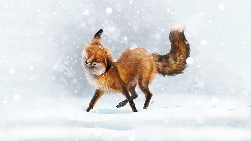 Winter fun, winter, white, johanna tarkella, art, lhuin, vulpe, fox, fantasy, iarna, snow, luminos HD wallpaper
