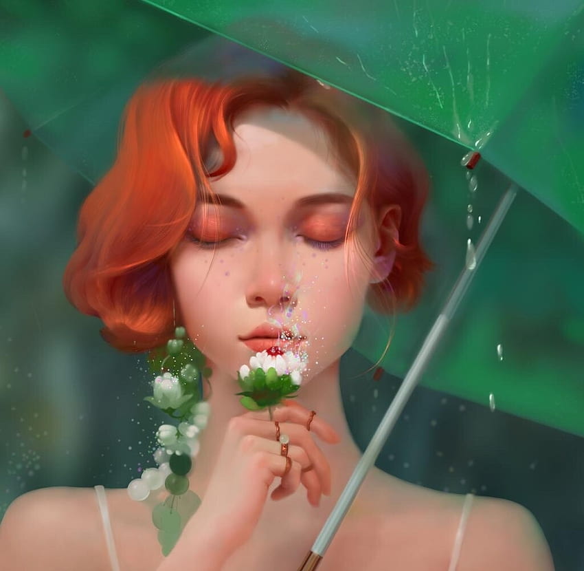 Rainy day, green, flower, harsh taggar, redhead, hand, umbrella, rain, art, fantasy, face, luminos HD wallpaper