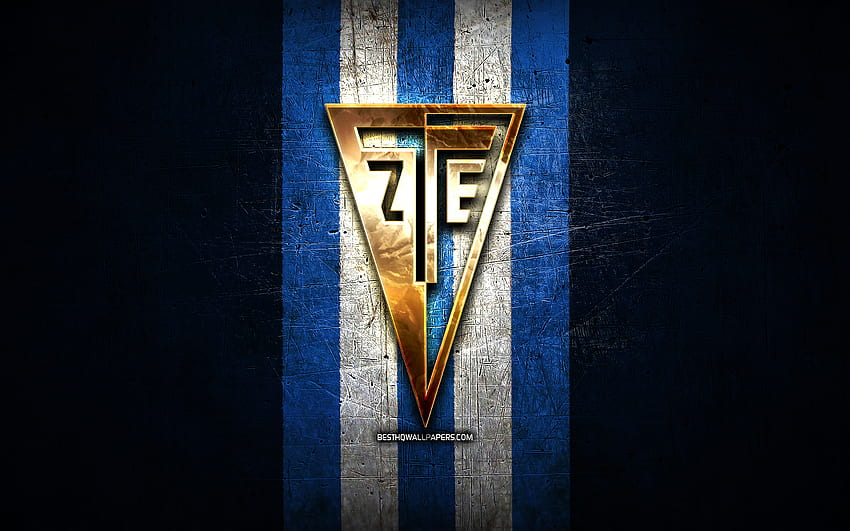 Zalaegerszegi FC, złote logo, OTP Bank Liga, niebieskie metalowe tło, piłka nożna, węgierski klub piłkarski, logo Zalaegerszegi TE, Węgry, Zalaegerszegi TE Tapeta HD