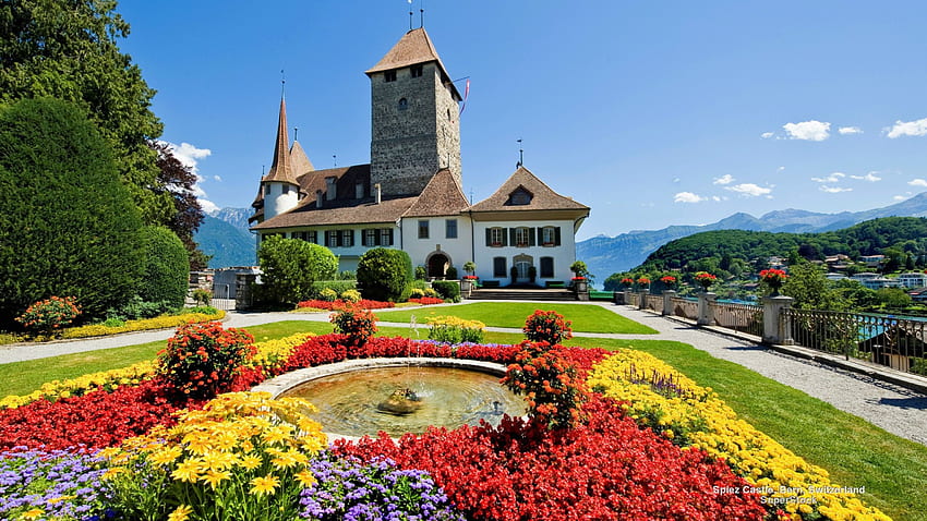 スイスのシュピーツ城、庭園、建築、城、シュピーツ城、花 高画質の壁紙