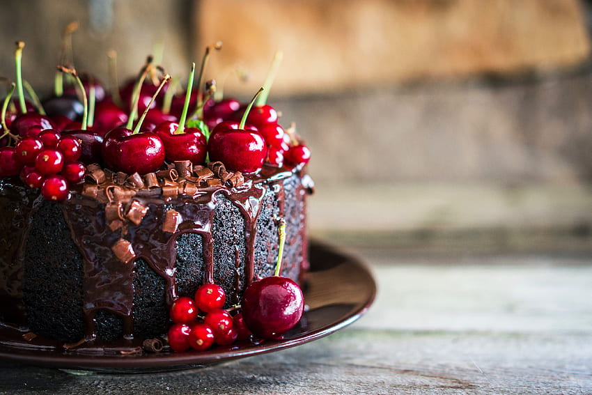 Cherries, chocolate, cake, food HD wallpaper