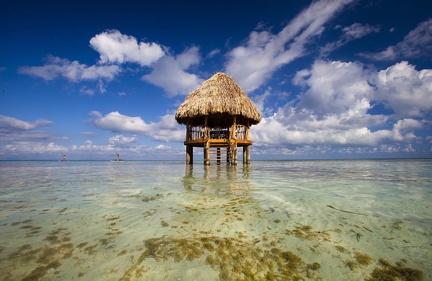 Sahil: Karayipler Belize Bulutlar Su Deniz Cennet Kulübe Kristal HD duvar kağıdı