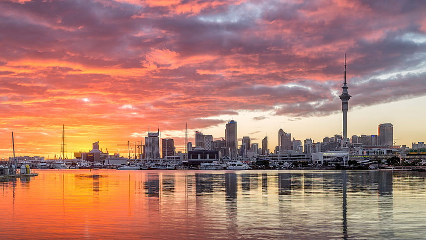 Auckland, Nova Zelândia, horizonte da cidade ao pôr do sol papel de parede HD