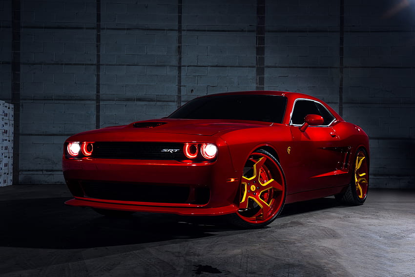 Red, Dodge Challenger SRT Hellcat, flashlight HD wallpaper