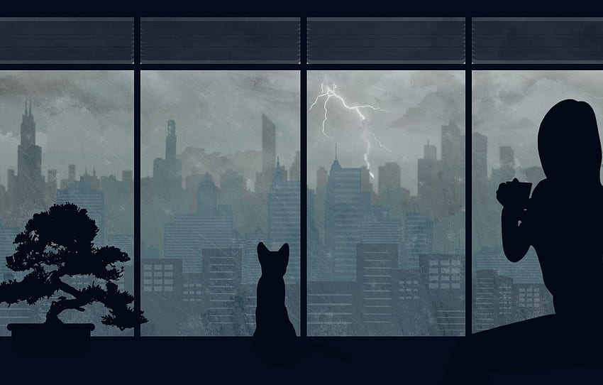 cat, girl, the city, rain, von Aquelion für , section арт HD-Hintergrundbild