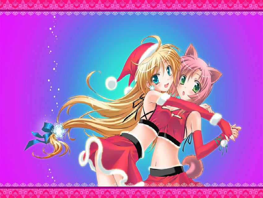 Santa and the cat girl, cat ears, blond, cute, cat girl, girl, christmas, happy, women, female HD wallpaper