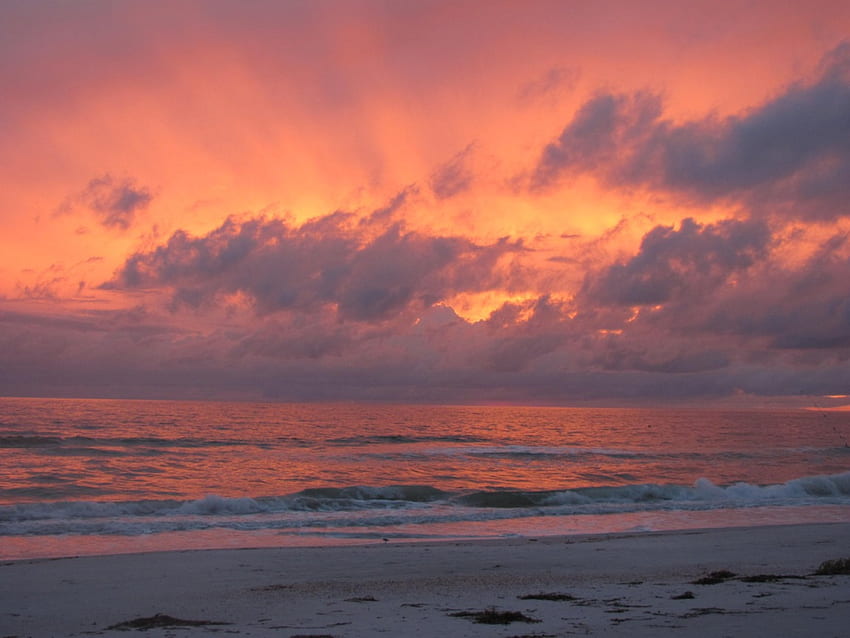 tramonto dopo la tempesta, cielo, tempesta, tramonto, oceano, nuvola, spiaggia Sfondo HD