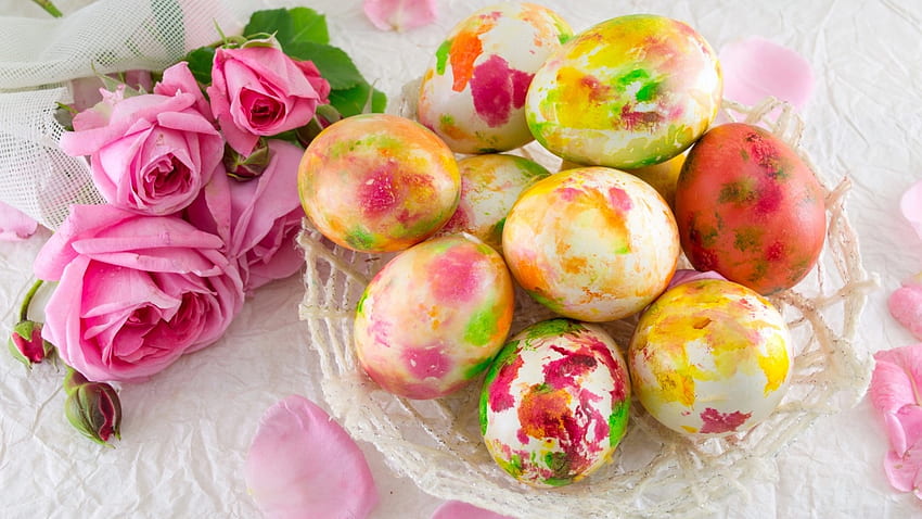 Uova di Pasqua, decorazione, rose, Pasqua, uova Sfondo HD