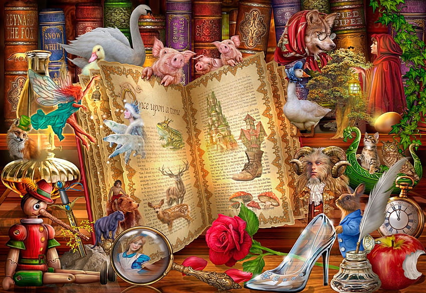 Story Time, pigs, birds, red riding hood, animals, goose, wolf, rabbit, art, books, digital HD wallpaper