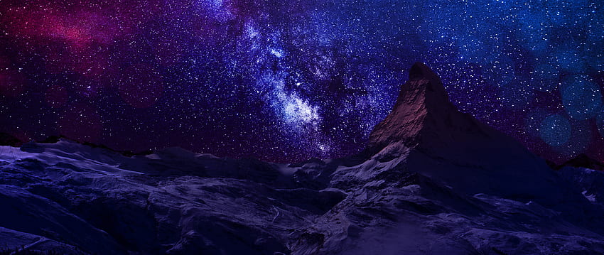 Erde - Himmel Hügel Schnee Blau Rosa Gebirge Nacht Stern Sterne Lila HD-Hintergrundbild