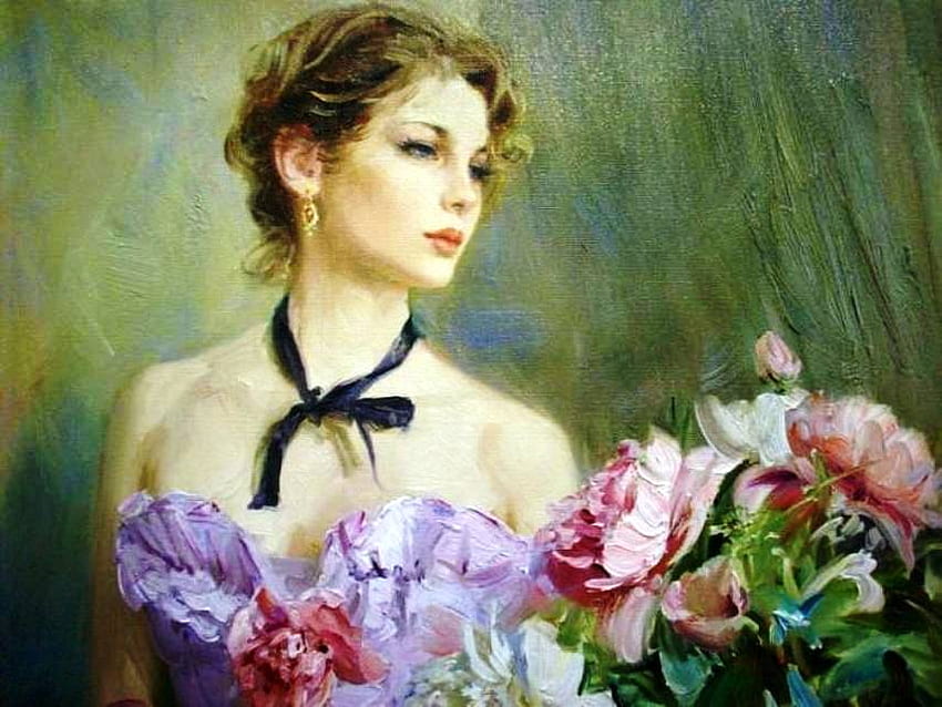 Beautiful lady with flowers - painting, beautiful lady, painting, colors, painter, flowers, elegance HD wallpaper