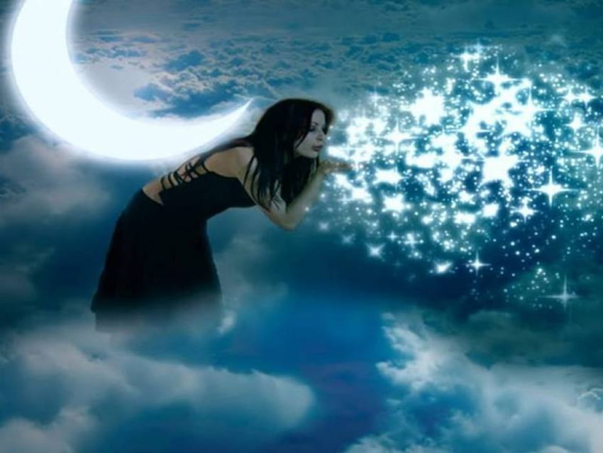 Wishing on a star, lady, moon, clouds, sky, stars, wish HD wallpaper
