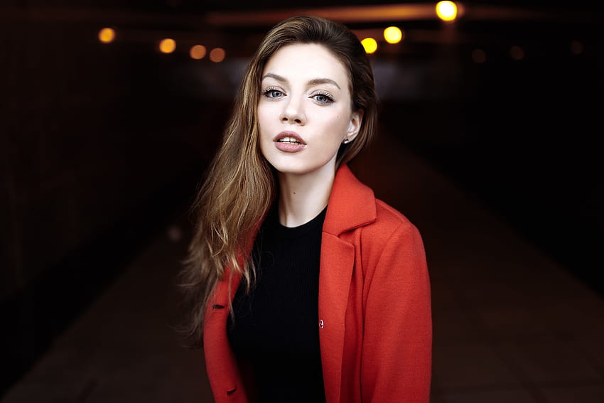 Jaket merah, model perempuan, bibir berair Wallpaper HD