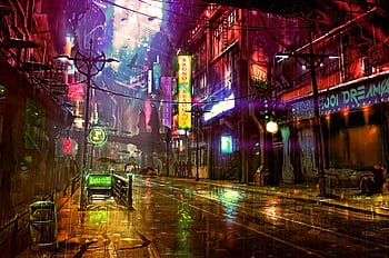 Download wallpaper 1366x768 cyberpunk, city, buildings, art, tablet,  laptop, 1366x768 hd background, 25488