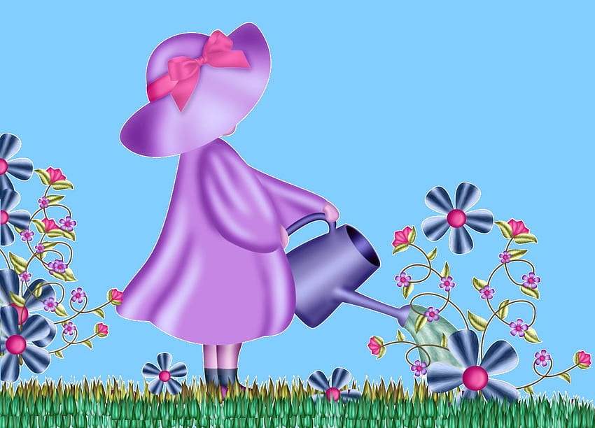 Little Flower Girl, pink, green, lavender, blue, flowers, girl HD wallpaper