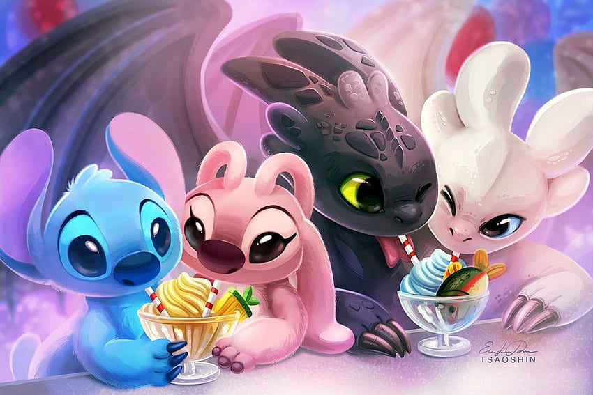 Double Date - Stitch Angel Toothless Light Fury HD wallpaper